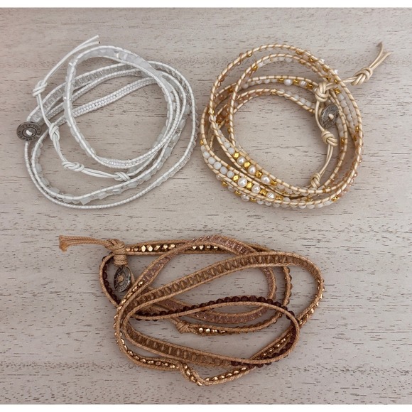 Victoria Emerson Jewelry - Victoria Emerson Boho Wrap Bracelet Bundle White Pearl Crystal Tan Gold Set of 3